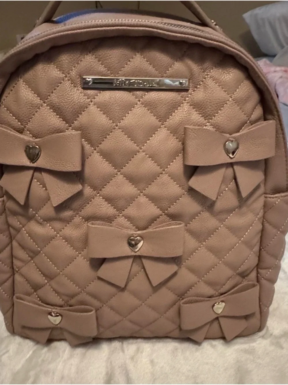 Betsey Johnson Quilted Bow Accent Backpack - Beige